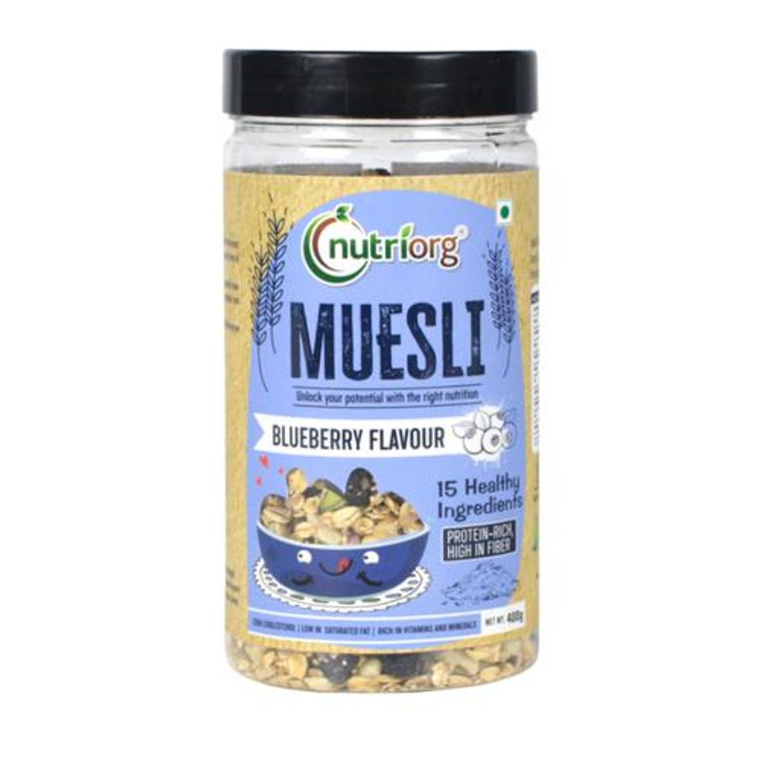 Nutriorg Muesli - Blueberry Flavour, Protein-rich, High In Fibre, Healthy Breakfast, 400 g 