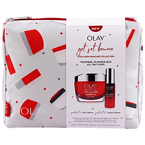 Olay Regenerist Collagen Peptide 24 Moisturiser Cream & Serum - Get, Set, Bounce, Giftpack, 80 g (Get Free Pouch) 