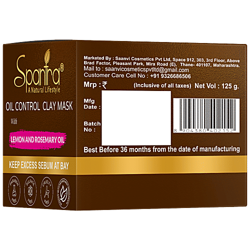 Spantra Oil Control Clay Mask - Lemon & Rosemary Oil, Detoxifies & Mattifies Skin, Prevents Blackheads, Breakouts, 125 g  