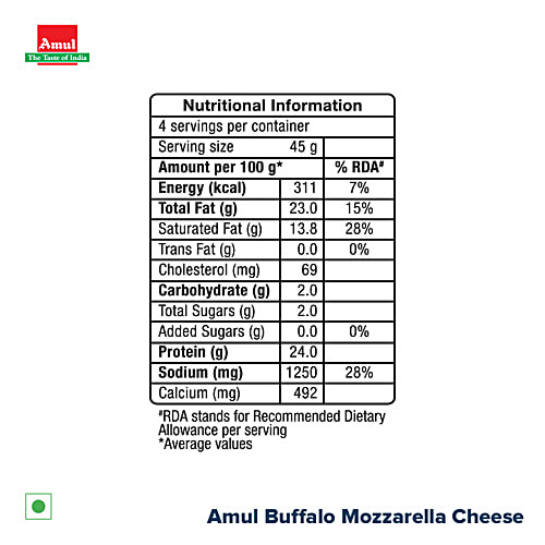 Amul Buffalo Mozzarella Cheese Block - Fresh & Tasty, Perfect For Pizza, Toasts, 200 g  