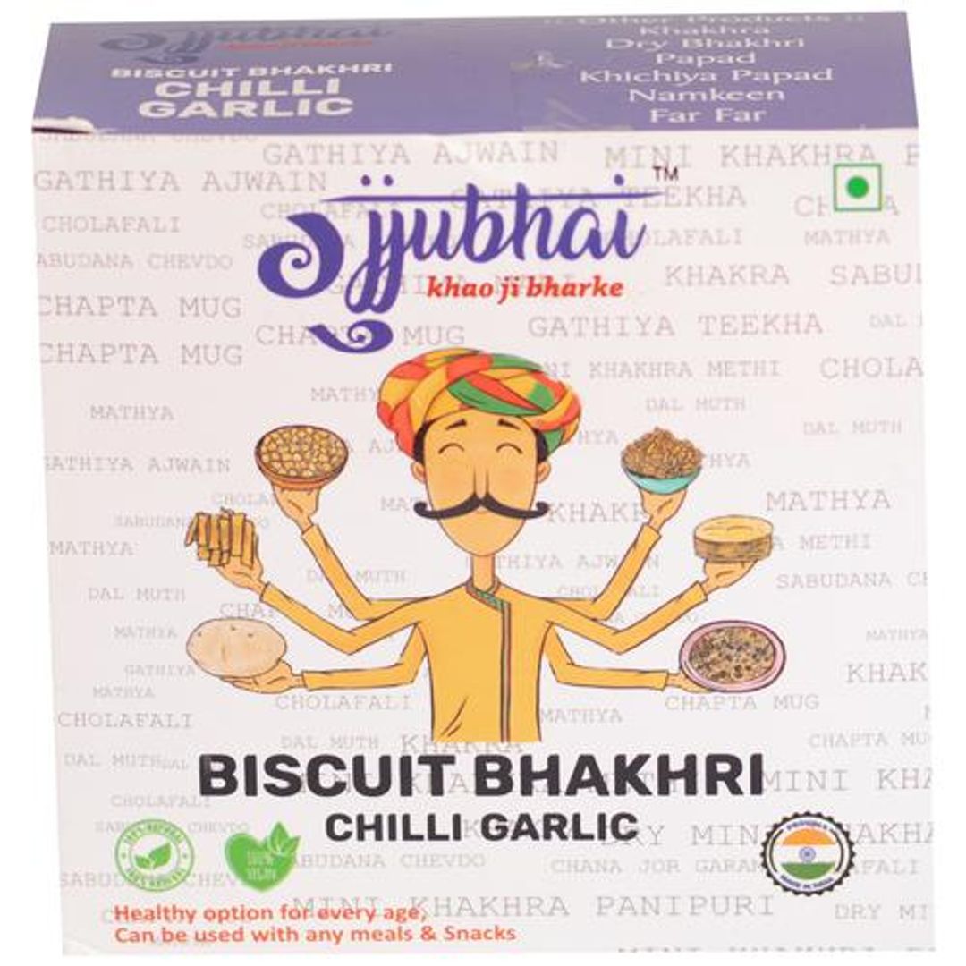 Gujjubhai Biscuit - Bhakhri Chili Garlic, 100% Natural & Vegan, Traditional Gujarati Snack, 180 g Box