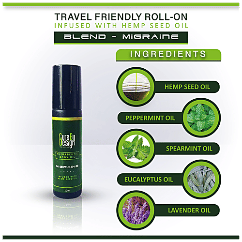 Cure by Design Therapeutic Healing Body Oil - Migraine, Roll On, Infused With Hemp Seed Oil, 10 ml  