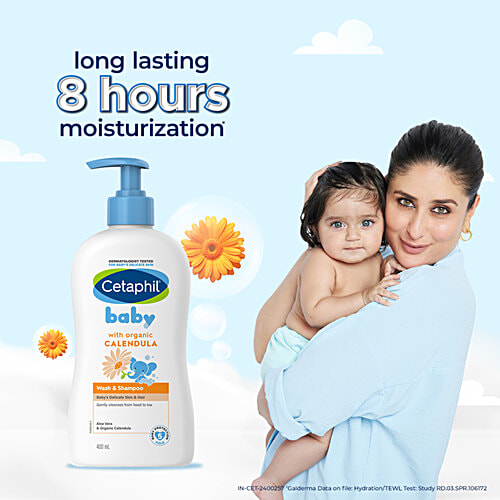Cetaphil Baby Wash & Shampoo - With Organic Calendula, pH Balanced, Moisturising, For Hair, Body, 400 ml  
