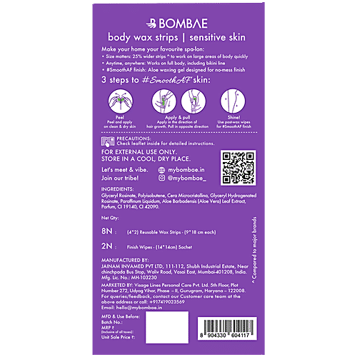 Bombay Shaving Company Body Wax Strips - For Sensitive Skin, 1 pc (8 Strips + 2 Post-Wax Strips)