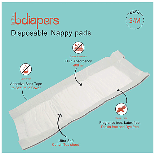 Bdiapers Chemical Free Disposable Nappy Pads - No Fragrance & Dye, Self-Sticking, Small, 30 pc Bag 
