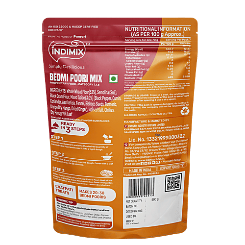 Indimix Bedmi Poori Mix - Ready To Cook, 500 g  