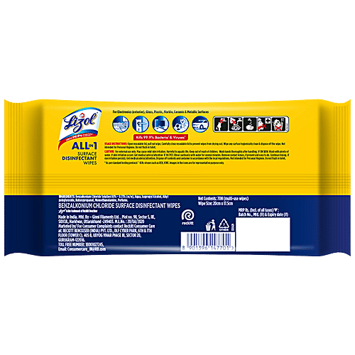 Lizol Disinfectant & Cleaning Multi-Surface Wipes, Lemon Breeze, 70 Wipes  