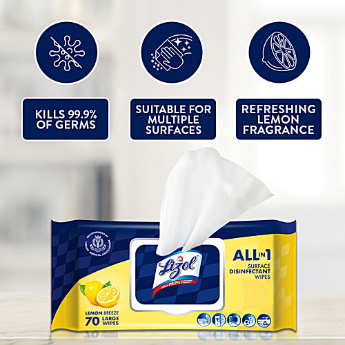 Lizol Disinfectant & Cleaning Multi-Surface Wipes, Lemon Breeze, 70 Wipes  