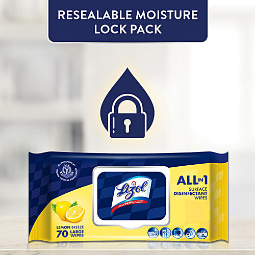 Lizol Disinfectant & Cleaning Multi-Surface Wipes, Lemon Breeze, 70 Wipes  