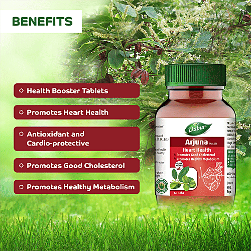 Dabur Pure Herbs Arjuna Tablets - Heart Health, Ayurvedic, Promotes Good Cholesterol, Overall Wellness, 60 pcs Bottle 