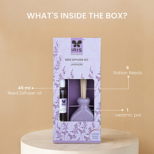 Iris Fragrance Oil Lavender Reed Diffuser Set, 3 pcs 60 ml Oil, 6 Rattan Reeds,1 Ceramic Pot) Calming Lavender
Serene Ambiance