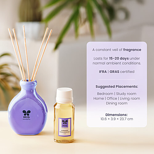 Iris Fragrance Oil Lavender Reed Diffuser Set, 3 pcs 60 ml Oil, 6 Rattan Reeds,1 Ceramic Pot) Calming Lavender
Serene Ambiance