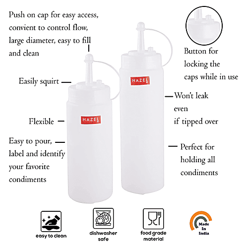 Hazel Squeeze Bottle/Sauce Dispenser Set With Cap - Easy To Use, Leakproof, 2 pcs  