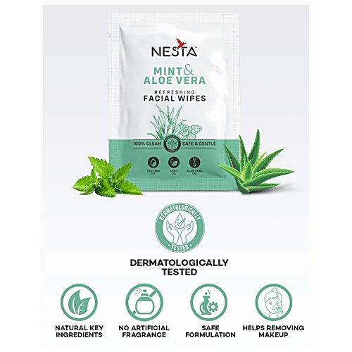 NESTA Mint & Aloe Vera Refreshing Facial Wipes - Soothing & Gentle, 10 pcs  
