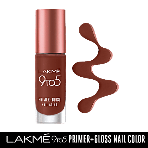 Lakme 9To5 Primer + Gloss Nail Colour, 6 ml Brown Latte Quick Drying Nail Colour, Intense Glossy Shine, Long Lasting Colour