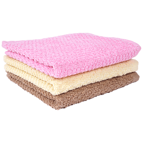 VC Face & Hand Towel - Highly Absorbent, Soft Cotton, Skin Friendly, Pink,Yellow & Brown, 30 cm x 30 cm, 2 pcs Pouch