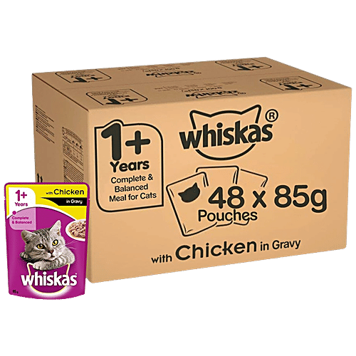 Whiskas Wet Cat Food - Adult Cats ,1+Years, Chicken in Gravy Flavour, Balanced Nutrition, 4 kg (48 packs x 85 g each) Healthy and Tasty
Complete and Balanced Nutrition
Wet Cat Food