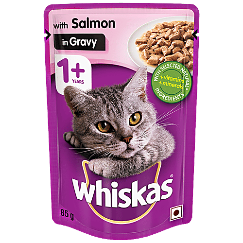 Whiskas Wet Cat Food -  Adult Cats, 1+Years, Salmon In Gravy Flavour, Balanced Nutrition, 4 kg (48 packs x 85 g each) Healthy and Tasty
Complete and Balanced Nutrition
Wet Cat Food Recipe