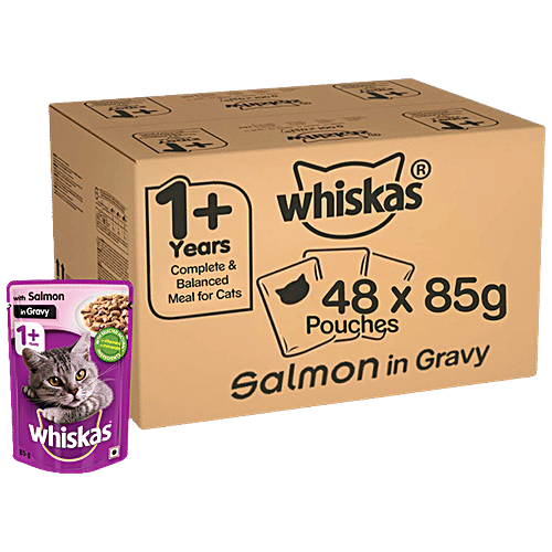 Whiskas Wet Cat Food -  Adult Cats, 1+Years, Salmon In Gravy Flavour, Balanced Nutrition, 4 kg (48 packs x 85 g each) Healthy and Tasty
Complete and Balanced Nutrition
Wet Cat Food Recipe