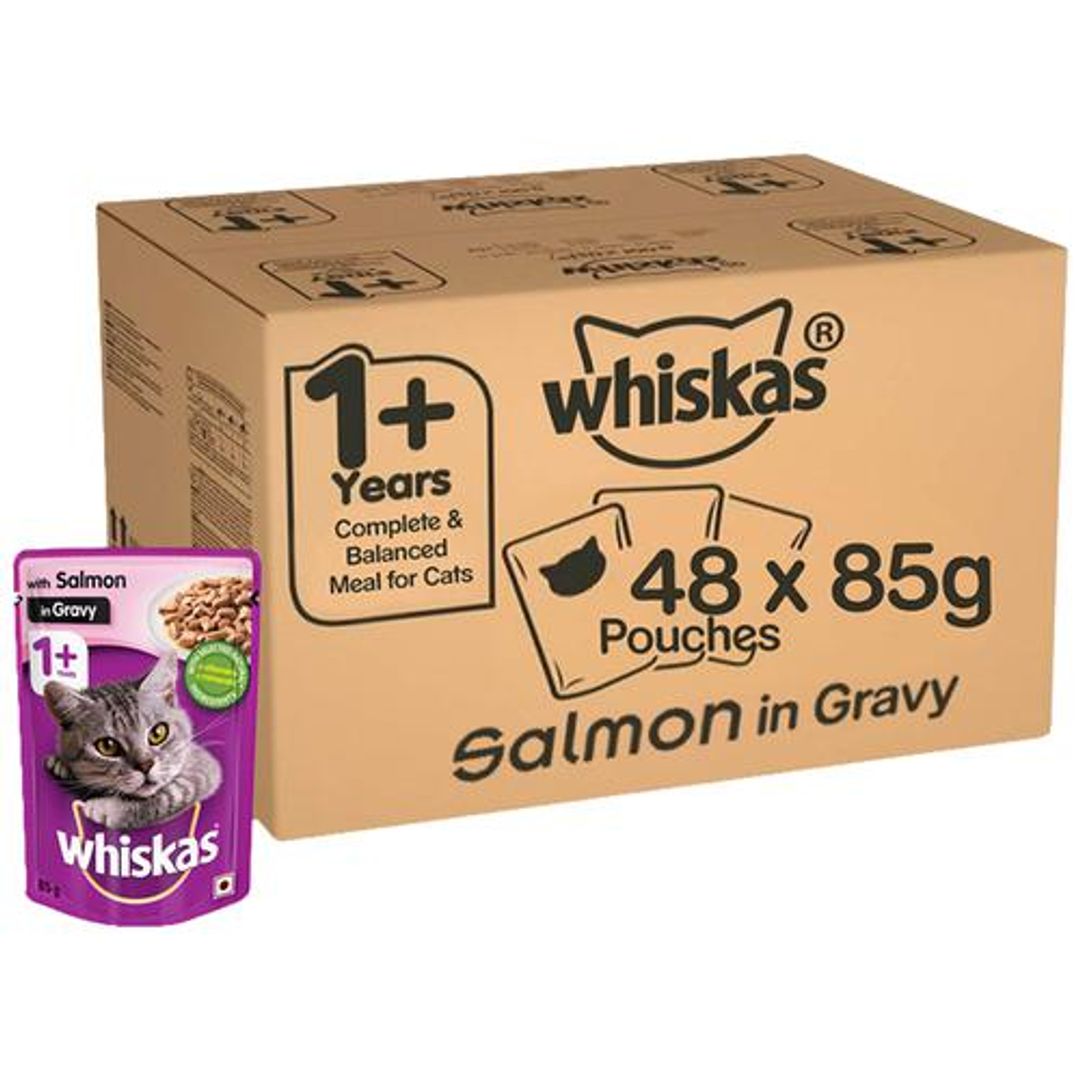 Whiskas Wet Cat Food -  Adult Cats, 1+Years, Salmon In Gravy Flavour, Balanced Nutrition, 4 kg (48 packs x 85 g each)