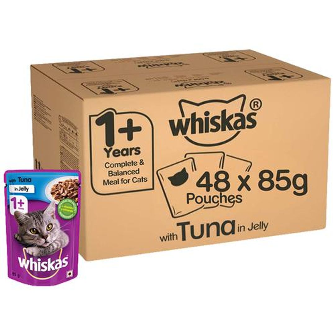 Whiskas Wet Cat Food - 1+Years, Adult Cats, Tuna In Jelly Flavour, Balanced Nutrition, 4 kg (48 packs x 85 g each)