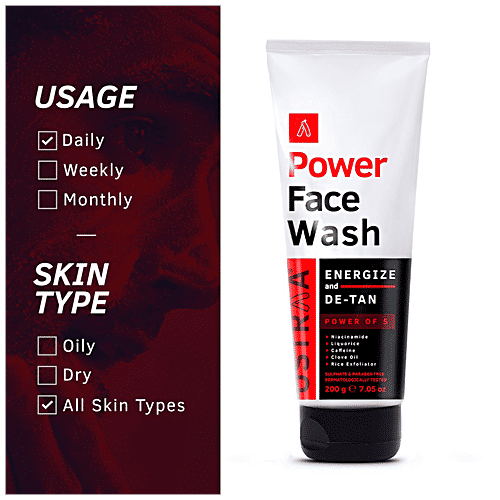 Ustraa Power Face Wash Energise & De-Tan - Dermatologically Tested, With Caffeine & Clove Oil, No Sulphates & Parabens, 200 g  
