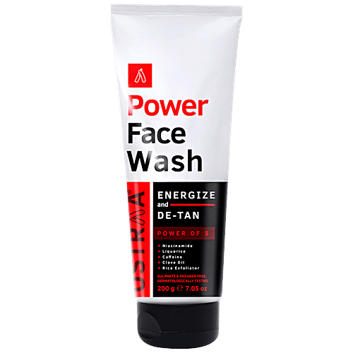 Ustraa Power Face Wash Energise & De-Tan - Dermatologically Tested, With Caffeine & Clove Oil, No Sulphates & Parabens, 200 g  