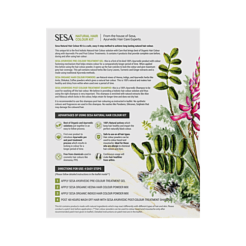 Sesa Natural Hair Colour Kit For High Grey% - Natural Black, 4 Steps, 100% Organic & Ayurvedic, No Ammonia, PPD, Peroxide,, 2 pcs (200 g + 40ml)