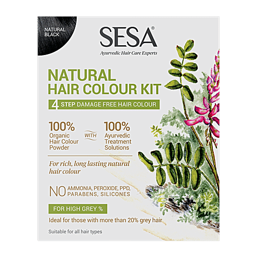 Sesa Natural Hair Colour Kit For High Grey% - Natural Black, 4 Steps, 100% Organic & Ayurvedic, No Ammonia, PPD, Peroxide,, 2 pcs (200 g + 40ml)