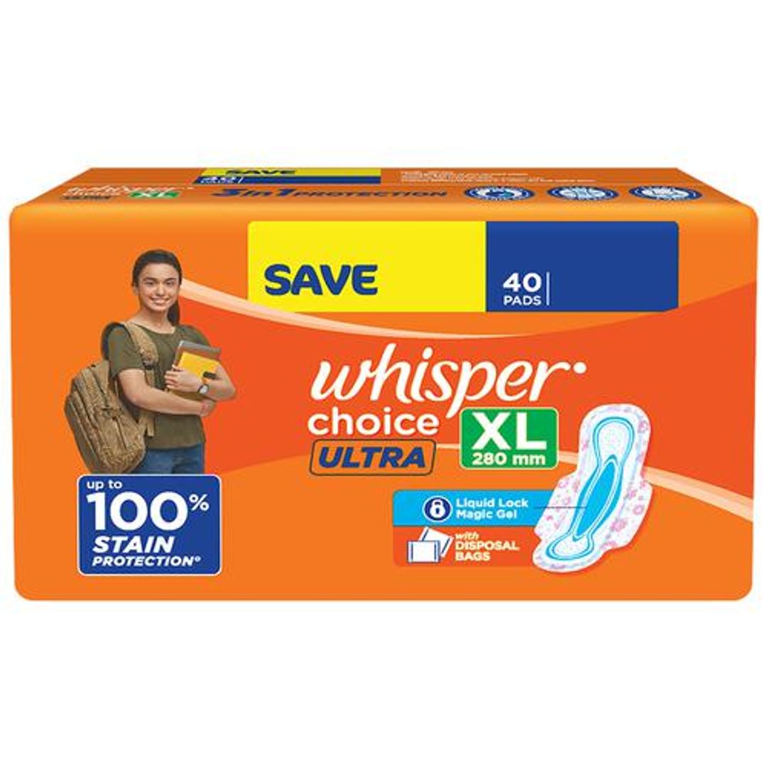 Whisper  Choice Ultra Sanitary Pad - 100% Protection, With Disposal Bags, XL, 40 pcs 