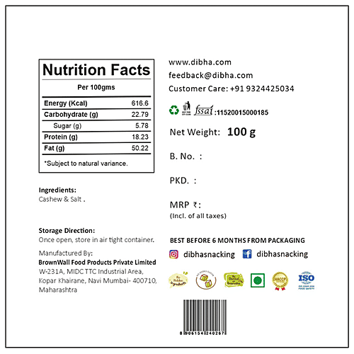 Dibha Salted Cashew - Add To Cereal Breakfast, 100 g  