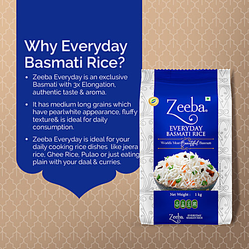 Zeeba Everyday Super Mongra Basmati Rice - Pure Authentic & Delicious Taste, Unique Aroma, 1 kg  