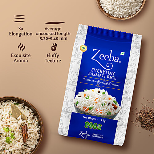 Zeeba Everyday Super Mongra Basmati Rice - Pure Authentic & Delicious Taste, Unique Aroma, 1 kg  
