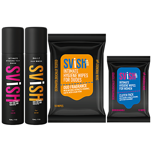 Svish On The Go Intimate Hygiene Wipes & Foam Washes - Skin-Friendly, No Paraben, For Men, Women, 4 pcs  