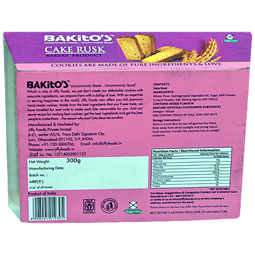 BAKITO'S Cake Rusk - Premium, Handmade, Eggless, Rich In Protein, Fresh & Crispy Snack, 300 g