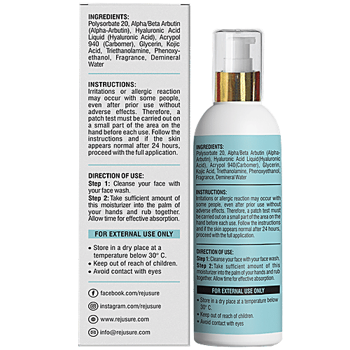 Rejusure Face Moisturizer For Pigmentation, Dark Spots & Sun Tanning - Remove Blemishes, Acne Marks & Uneven Skin Tone, Alpha Arbutin 2% + Hyaluronic Acid 2%, 50 ml  