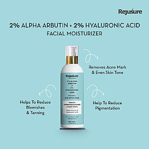 Rejusure Face Moisturizer For Pigmentation, Dark Spots & Sun Tanning - Remove Blemishes, Acne Marks & Uneven Skin Tone, Alpha Arbutin 2% + Hyaluronic Acid 2%, 50 ml  
