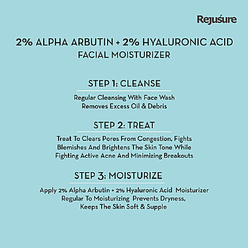 Rejusure Face Moisturizer For Pigmentation, Dark Spots & Sun Tanning - Remove Blemishes, Acne Marks & Uneven Skin Tone, Alpha Arbutin 2% + Hyaluronic Acid 2%, 50 ml  