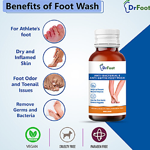 Dr Foot  Antiseptic Antibacterial Foot Wash - For Athletes Foot, Candida, Ringworm, Jock Itch, Foot Odour & Toenail Issues, 100 ml  