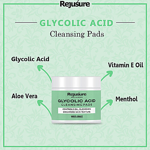 Rejusure Glycolic Acid Cleansing Pads - Controls Oil, Blemishes Brightens Skin Texture, 50 pcs  