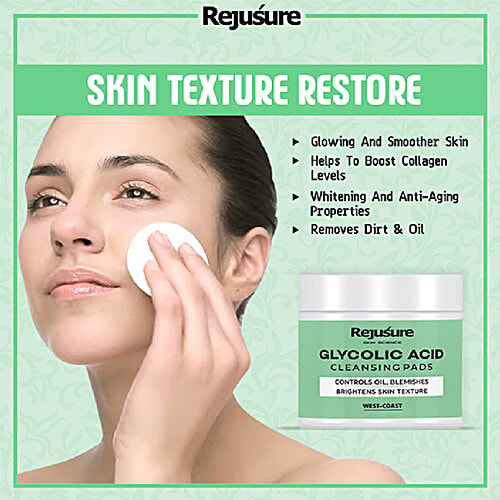 Rejusure Glycolic Acid Cleansing Pads - Controls Oil, Blemishes Brightens Skin Texture, 50 pcs  