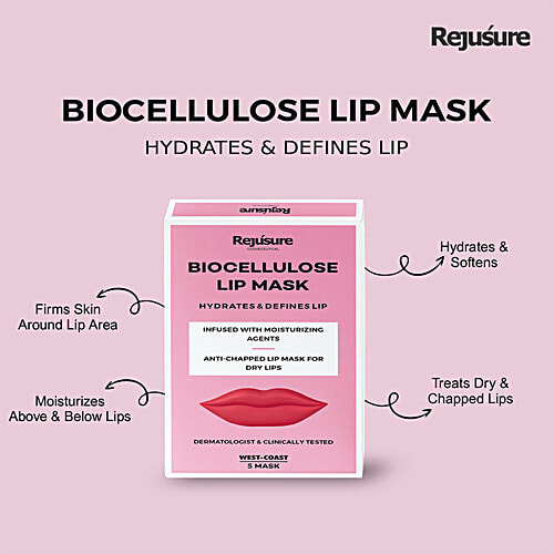 Rejusure Bio Cellulose Lip Mask - Hydrates Lip, Anti-Chapped Lip Mask For Dry Lip, Men & Women, 5 pcs  