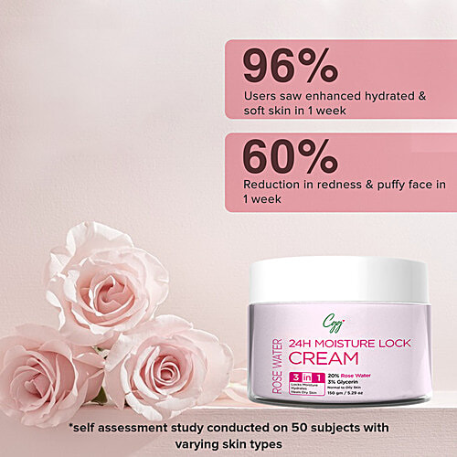 CGG Cosmetics Rose Water 24h Moisture Lock Cream 3 In 1 Hydration - Moisturizes & Soothes Dry Skin For All Skin Types, 150 g  