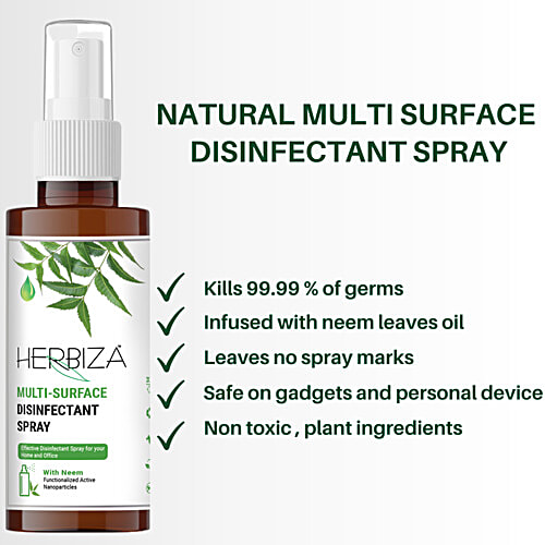 Herbiza Multi- Surface Disinfectant Spray - Rich In Antibacterial & Antimicrobial Properties, 200 ml  Natural Multi Surface
 Kills 99.99% of germs
 Infused with neem leaves oil