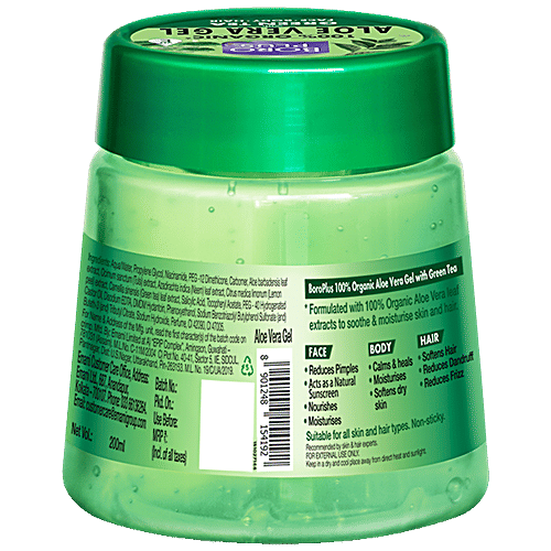 Boroplus Organic Aloe Vera Gel With Green Tea, 100% Organic For Skin & Hair, 200 ml  Rich In Vitamin E & Antiseptic Herbs For Smooth, Nourished & Moisturised Skin