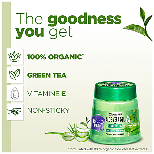 Boroplus Organic Aloe Vera Gel With Green Tea, 100% Organic For Skin & Hair, 200 ml  Rich In Vitamin E & Antiseptic Herbs For Smooth, Nourished & Moisturised Skin