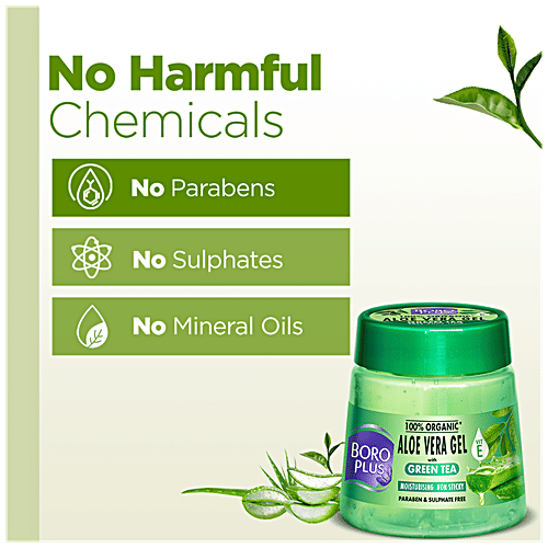 Boroplus Organic Aloe Vera Gel With Green Tea, 100% Organic For Skin & Hair, 200 ml  Rich In Vitamin E & Antiseptic Herbs For Smooth, Nourished & Moisturised Skin