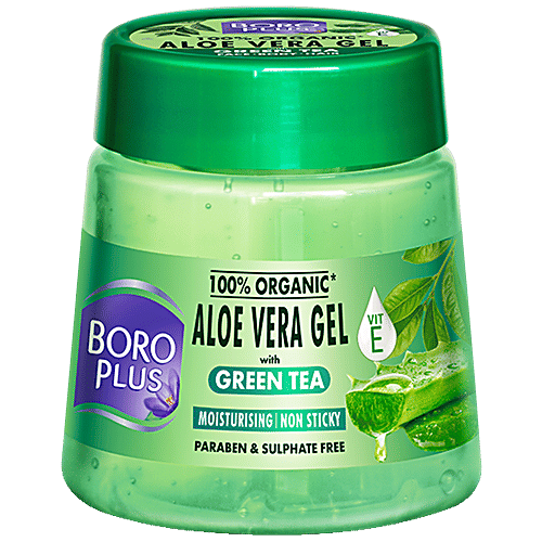 Boroplus Organic Aloe Vera Gel With Green Tea, 100% Organic For Skin & Hair, 200 ml  Rich In Vitamin E & Antiseptic Herbs For Smooth, Nourished & Moisturised Skin