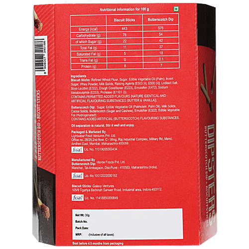 Snackible Dipsters Butterscotch Dip With Biscuit Sticks - Smooth, Rich, Sweet, 30 g Tray Pack