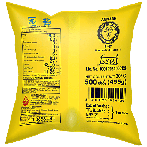 Hathi Mustard Oil - Pungent Flavour, For Healthy Dishes, Free From Cholesterol & Trans-Fat, 500 ml Pouch